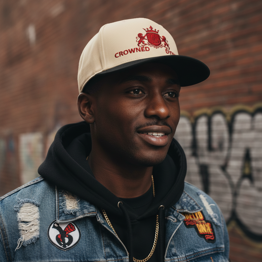 Handsome young Black man wearing Crown and Kin Launch Edition cap, urban streetwear style